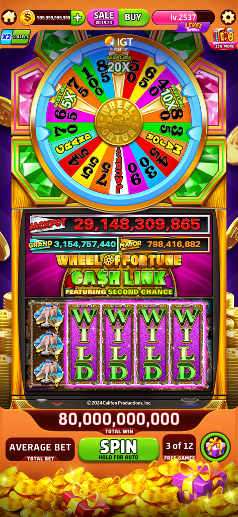 Interfaz del juego de casino Jackpot Crush que muestra una máquina tragaperras Wheel of Fortune con una gran ganancia de bote y gráficos coloridos