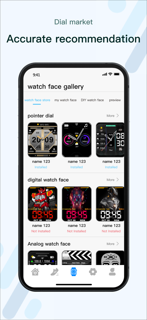 M2 Wear - M2 Wear app interface showing a variety of customizable watch face designs in the dial market gallery