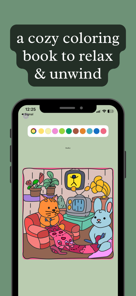 cozy cottage coloring - Mobile app interface of a cozy coloring book showing a hand drawn illustration of a cat and a rabbit relaxing