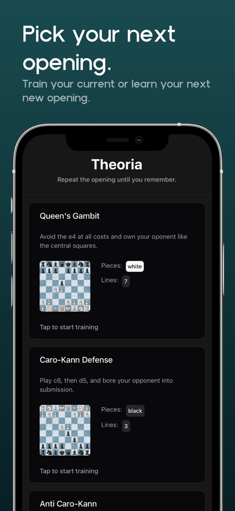 Theoria App-Bildschirm zur Auswahl von Schach Eröffnungen wie dem Damengambit zum Lernen und Trainieren.