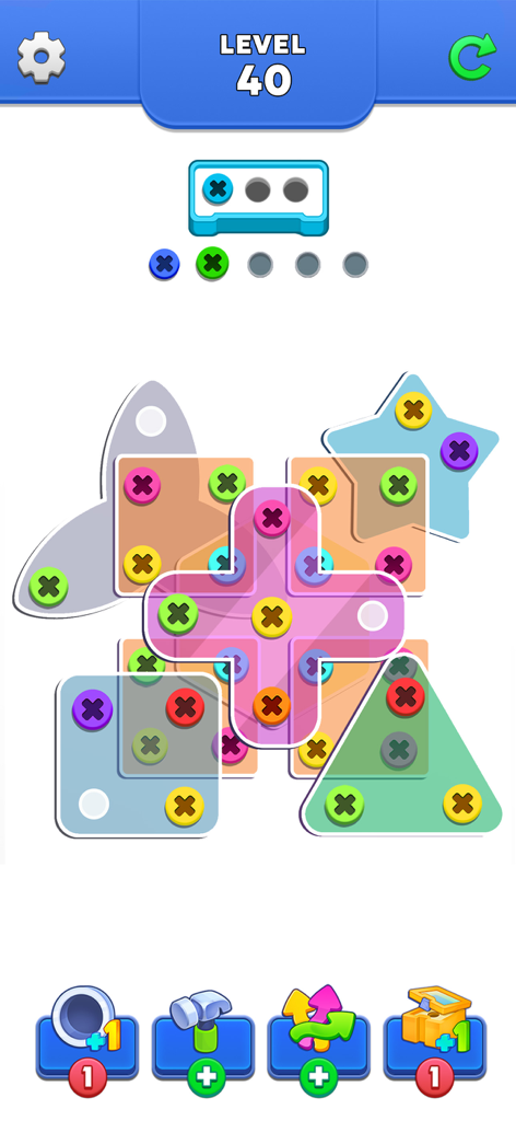 Unscrew Puzzle Pin Jam level 40 gameplay showing colorful screw sorting puzzle.