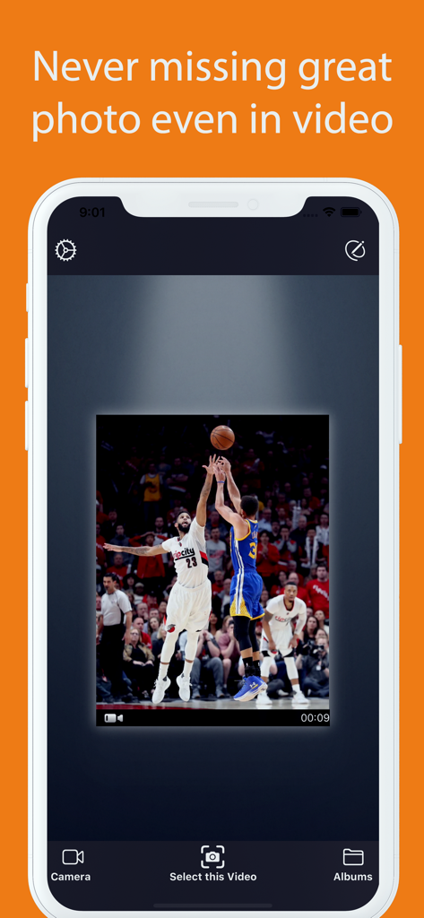 Video to Photo Grabber - iPhone app screen for Video to Photo Grabber showing an action shot frame from a basketball video