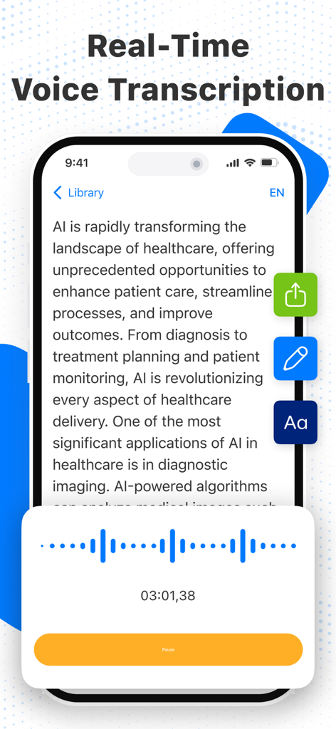 Interface do aplicativo móvel mostrando transcrição de voz para texto em tempo real com uma forma de onda de áudio e ferramentas de edição