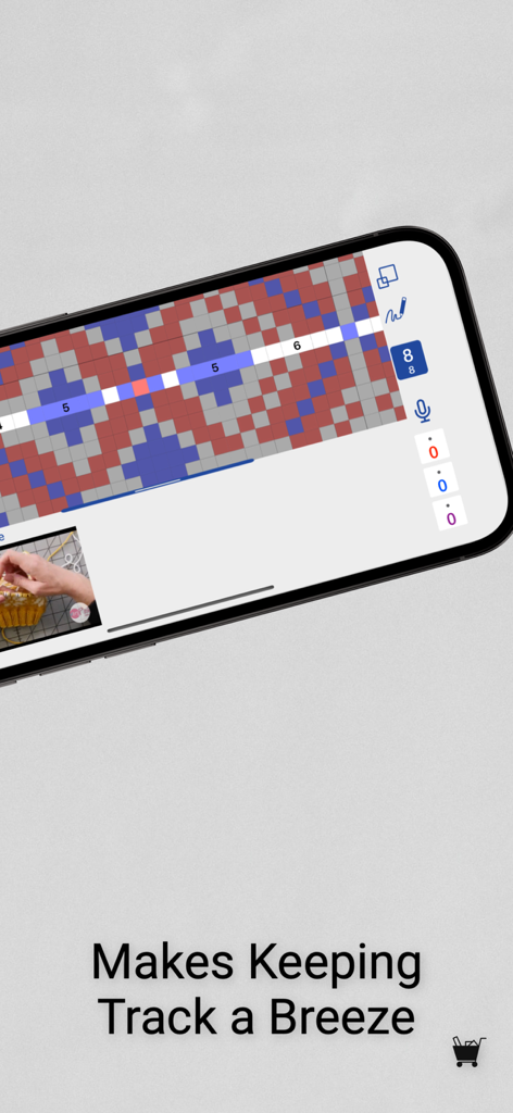Screenshot dell'app knitCompanion che mostra uno schema di maglia dettagliato con un tracciatore di ferri e un video tutorial nel riquadro