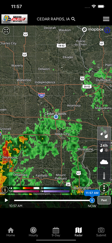 KCRG-TV9 First Alert Weather - KCRG-TV9 weather app displaying a high-resolution storm radar map for Cedar Rapids Iowa