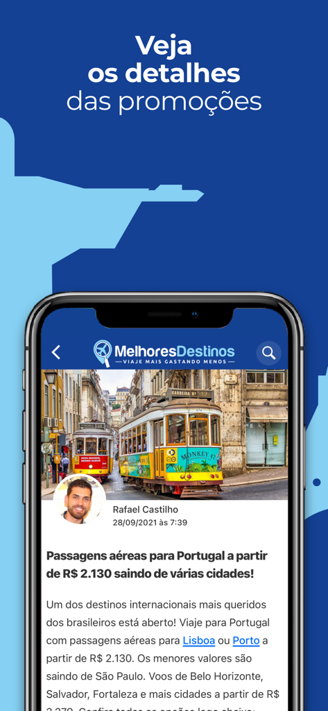 Melhores Destinos: Passagens - Mobile app interface showing discounted flight offers to Portugal.