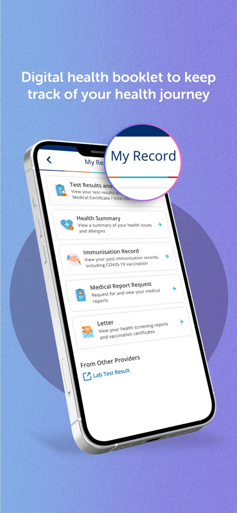 NUHS app My Record interface showing digital health records and test results