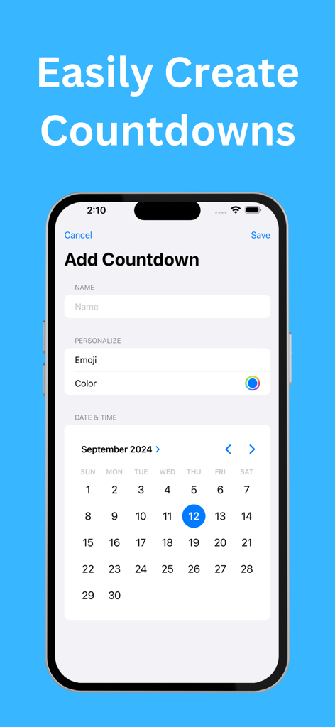 Count Me In: Shared Countdowns - Count Me In 앱 인터페이스가 이름, 이모티콘, 색상 및 날짜 선택 옵션으로 새 카운트다운을 만드는 방법을 보여줍니다.
