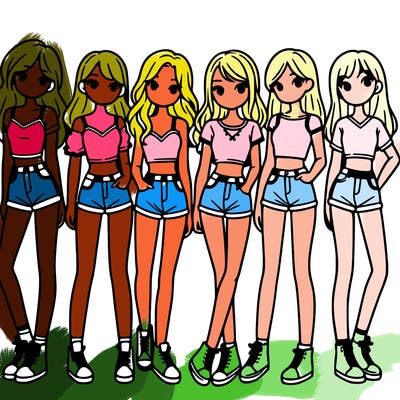 a group of girls wearing crop tops and shorts