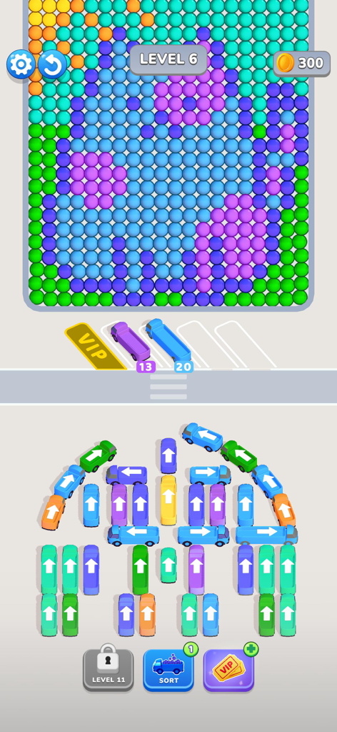 Gameplay screen of Bubble Bus featuring colored buses sorting bubbles in a parking jam puzzle.