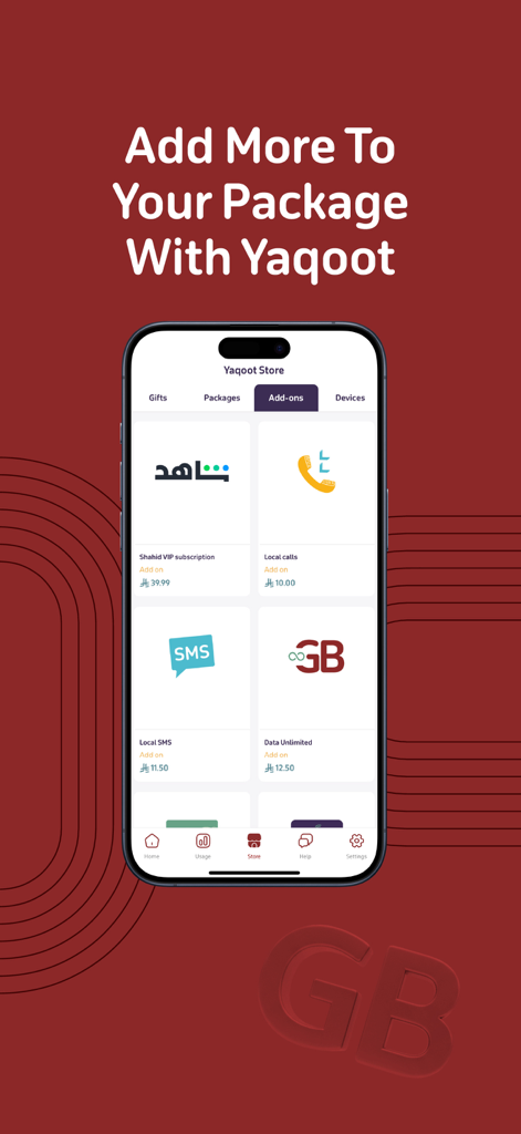 Interface of the Yaqoot app store showing various package add-ons for calls, SMS, and unlimited data