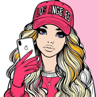realistic beautiful girl wearing los ángeles cap holding an iphone