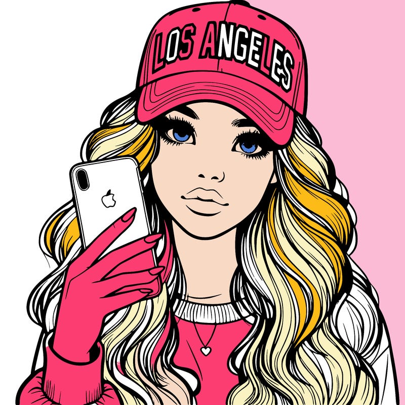 realistic beautiful girl wearing los ángeles cap holding an iphone