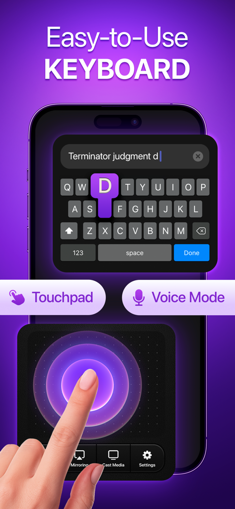 Un smartphone que muestra las funciones de teclado y panel táctil fáciles de usar de la aplicación TV Remote for Roku Devices.