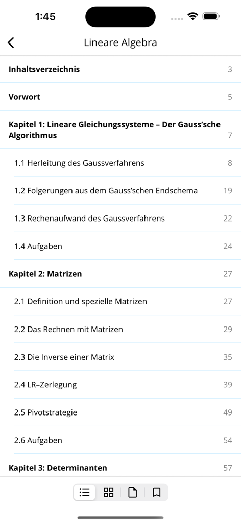 vdf Hochschulverlag - Inhaltsverzeichnis eines Lehrbuchs der linearen Algebra in der akademischen App von vdf Hochschulverlag.