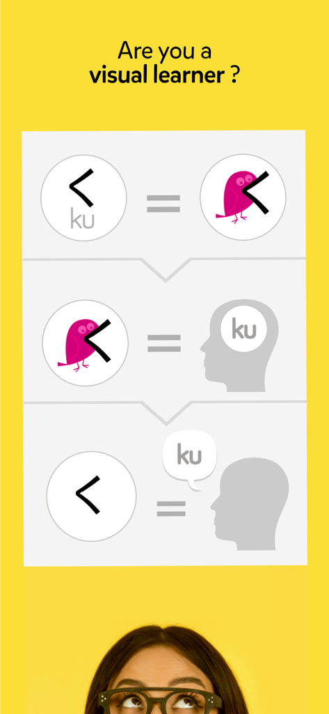 Learn Languages with Dr. Moku - Dr. Moku app screenshot showing visual mnemonics for the Japanese character ku using a bird illustration.