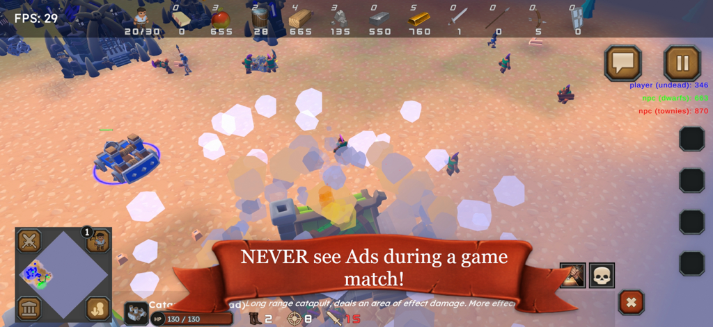 Rise of the Townies - RTS - Gameplay of Rise of the Townies RTS featuring a catapult attack and a banner stating no ads during matches