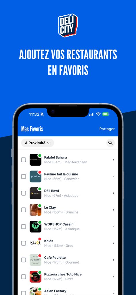 Delicity - Smartphone display showing the Delicity app favorites list of local restaurants