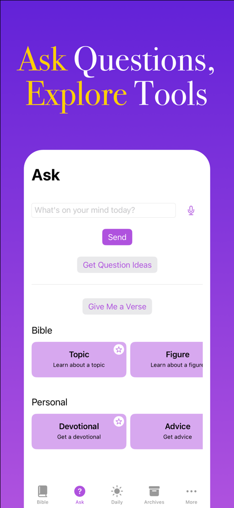 Bible Ace: AI Bible Study - Pantalla Preguntar de la aplicación Bible Ace que muestra la entrada de preguntas de IA y categorías de estudio religioso.