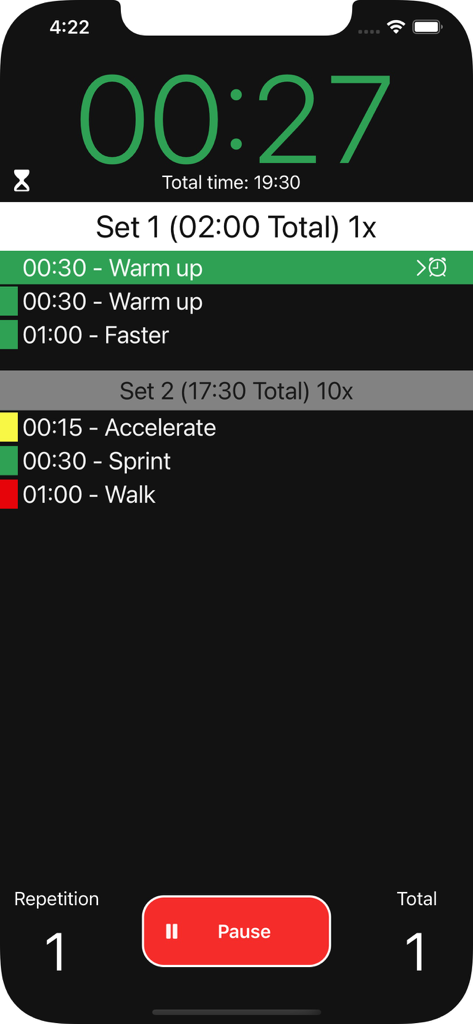 Intervals Timer - Intervals Timer app showing an active HIIT session with training intervals and sets