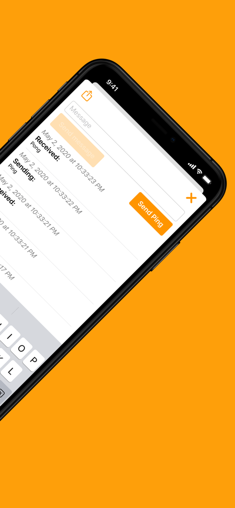 Captura de pantalla de iPhone de la aplicación Cliente WebSocket WSS que muestra un registro de sesión en tiempo real con mensajes de ping y pong.