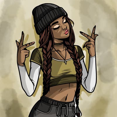 realistic teenage girl with braids and a beanie and crop top doing 🫶🏼