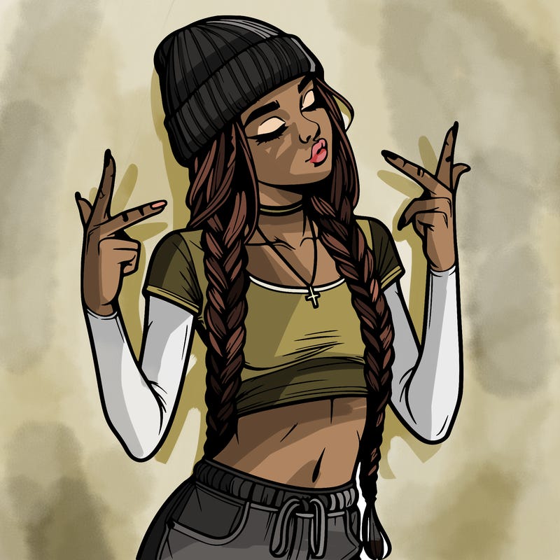 realistic teenage girl with braids and a beanie and crop top doing 🫶🏼