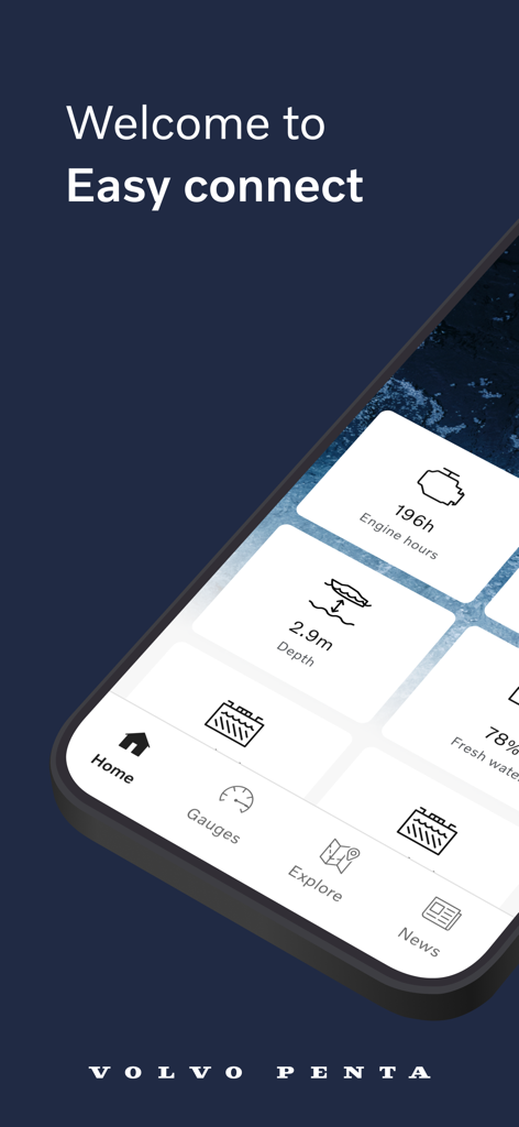 Volvo Penta Easy Connect app welcome screen showing boat engine hours and water depth data