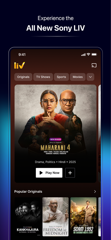 Sony LIV - Interfaccia dell'app mobile Sony LIV con Maharani 4 e serie originali indiane popolari come Scam 1992