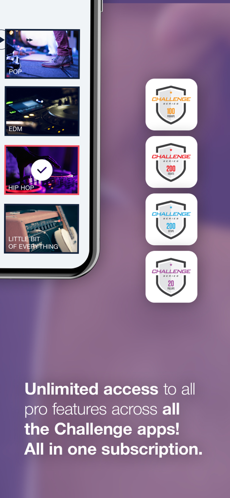 Zen Labs fitness app interface showing workout music genres and multiple challenge badges for pushups squats and situps