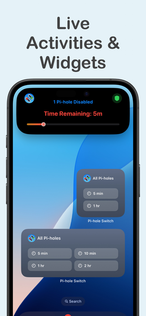 Pi-hole Switch Pro - iPhone screen displaying Pi-hole Switch Pro Live Activities and home screen widgets for managing DNS blocking.