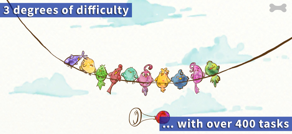Colorful illustrated birds sitting on a wire showcasing three difficulty levels and over four hundred educational tasks.