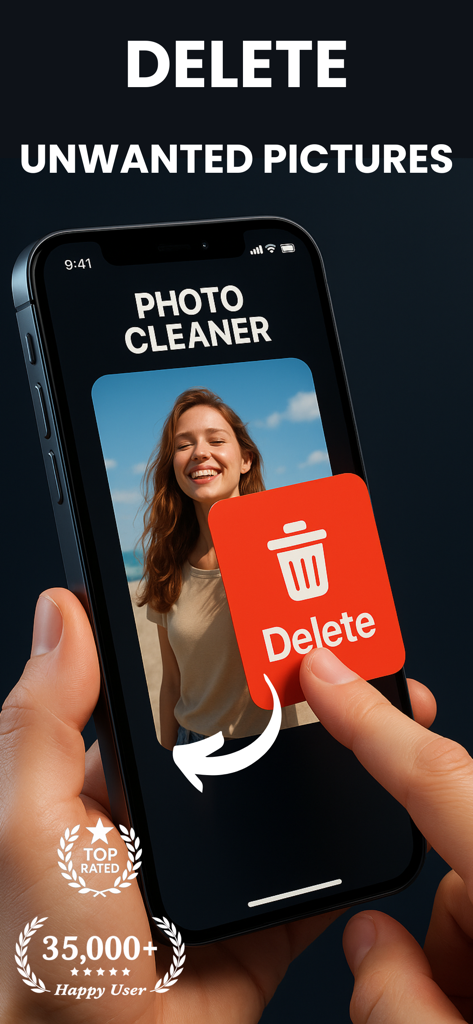 Photo Delete Swipe: Cleaner - Interfaz de la aplicación Cleany que muestra la eliminación de fotos con un gesto de deslizamiento