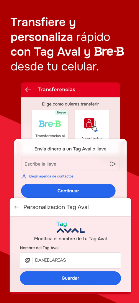 AV Villas App - Interface de l'application AV Villas affichant les options de transfert d'argent via Tag Aval et Bre-B pour les services bancaires mobiles.