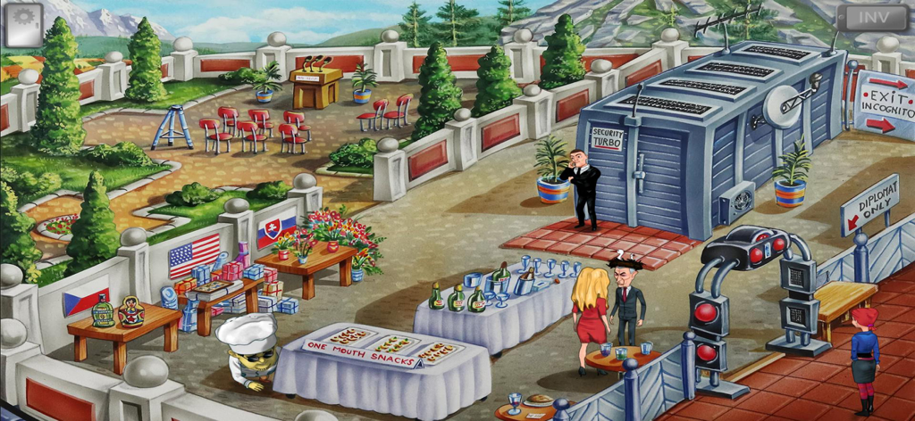 Polda 7 - A hand-drawn satirical outdoor scene from the point and click adventure game Polda 7 featuring various characters and national flags