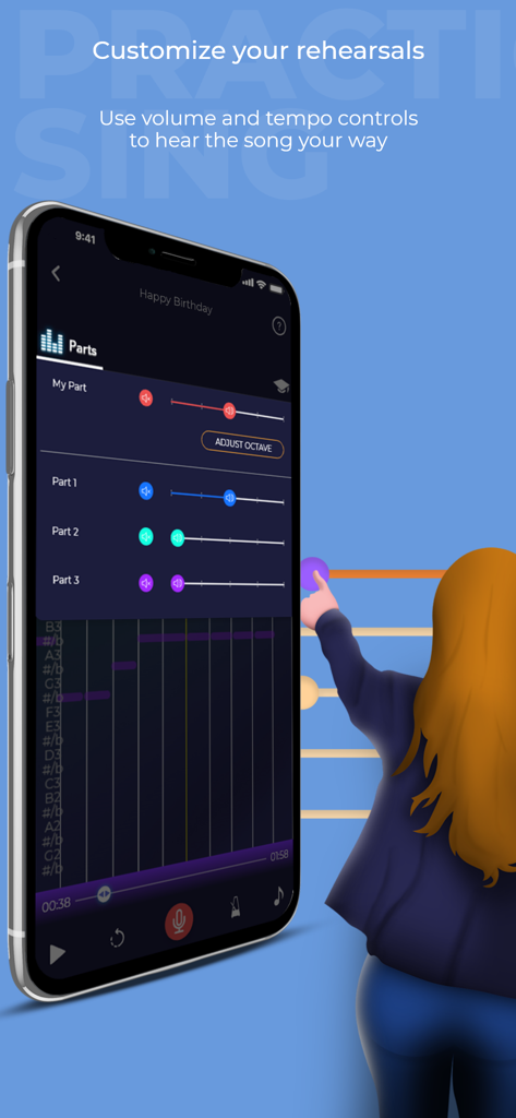Smartphone showing the Harmony Helper app interface for customizing vocal part volumes during rehearsals.