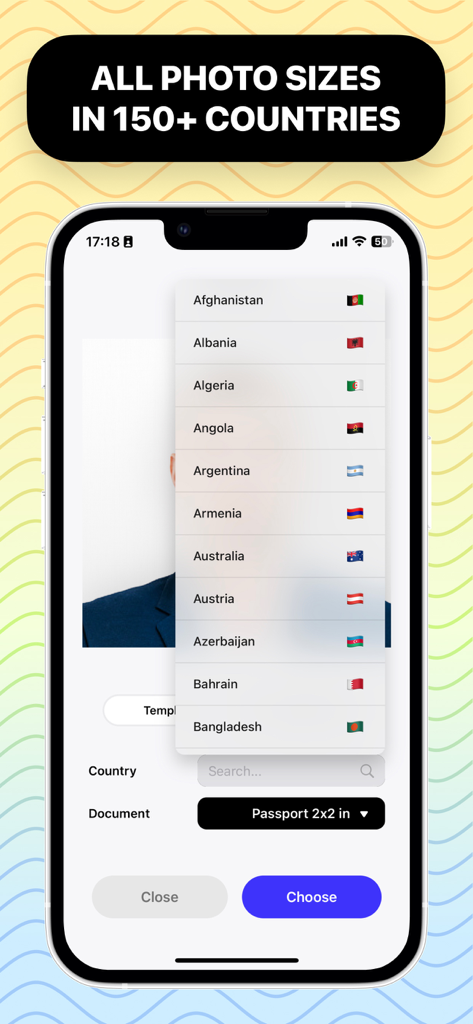 Tela do smartphone mostrando o aplicativo Passport Booth com uma lista rolável de 150 países para seleção de tamanho de foto de passaporte