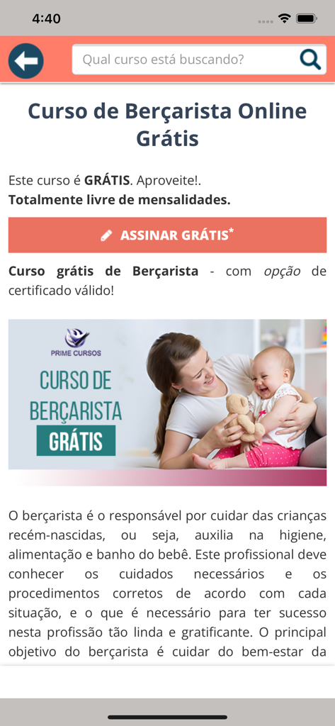 Página de detalhes de um curso online gratuito de assistente de berçário em português no aplicativo móvel Prime Cursos.