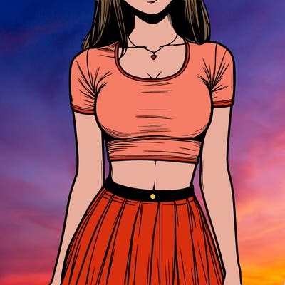 realistic girl wearing crop top and skirt