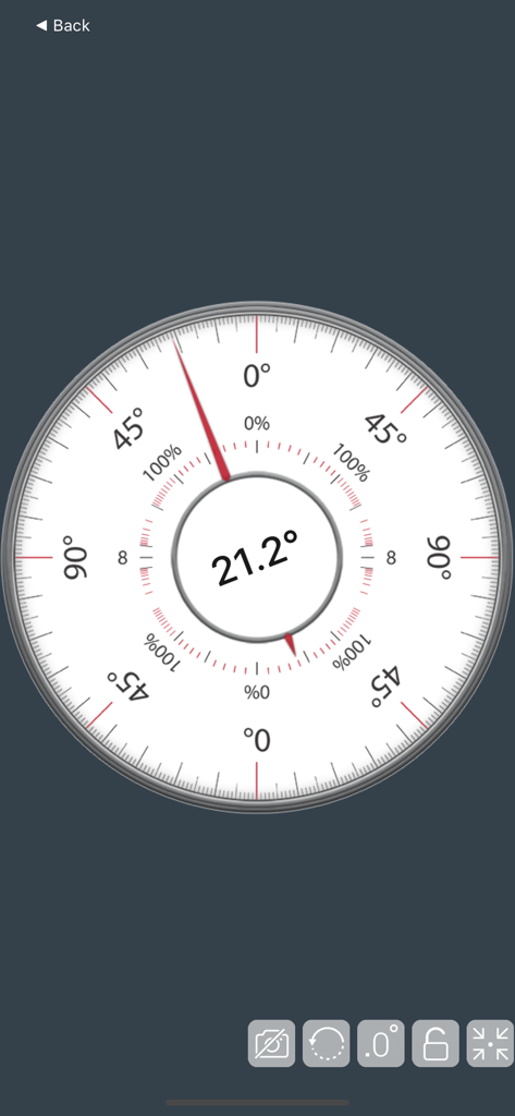 Digital clinometer interface of Pocket Bubble Level XXL showing a 21.2 degree measurement