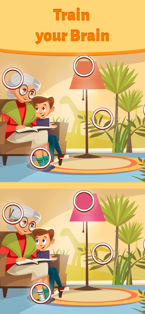 Differences Online—Find Games - A spot the difference game illustration featuring a grandmother and a child with differences circled