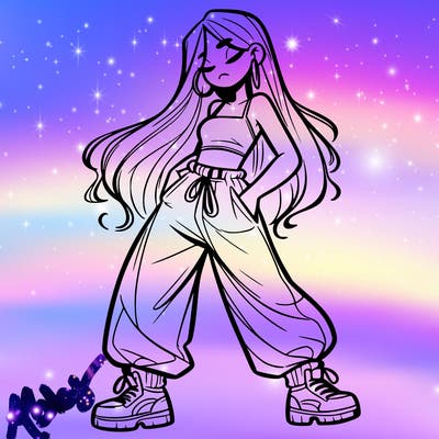 girl in baggy pants crop top and long hair