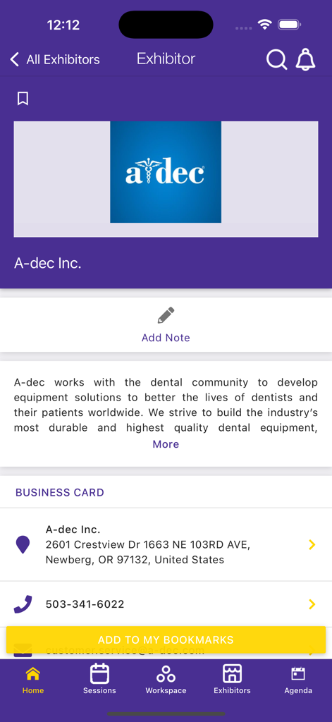Pacific Dental Conference - Screenshot of the Pacific Dental Conference app showing an exhibitor profile for A-dec Inc with company details and contact information.