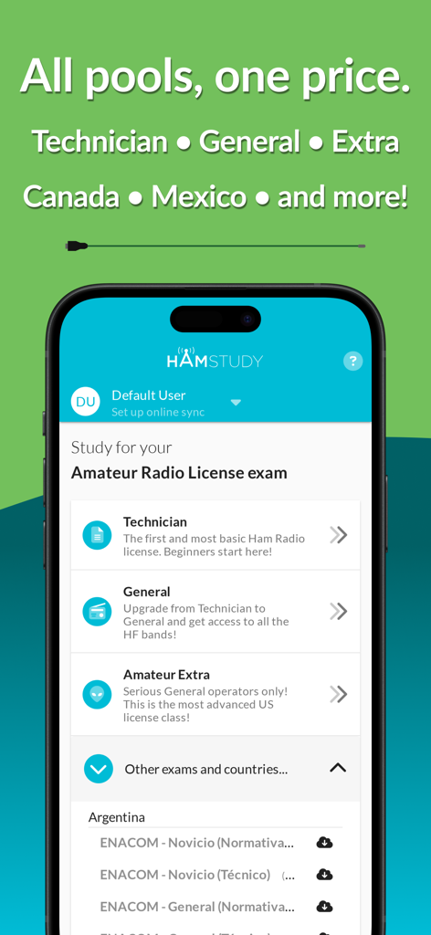 HamStudy app screen showing amateur radio license exam pools for Technician General and Extra classes