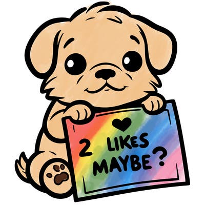 a puppy holding a sign that says 2 likes maybe?
