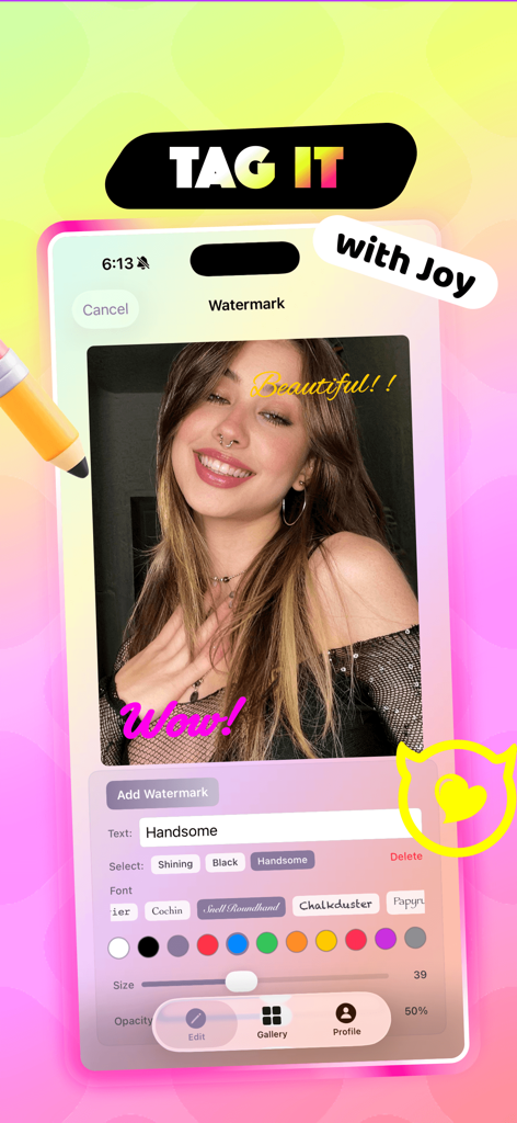 Kael - Calm & Explore - Interface de l'application Kael montrant le filigrane et l'outil d'édition de texte sur une photo de portrait.