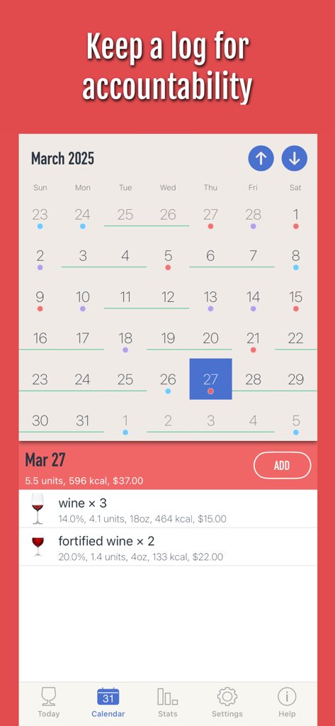 DrinkControl: Alcohol Tracker - Alcohol tracking calendar view showing a log of drinks with units calories and costs