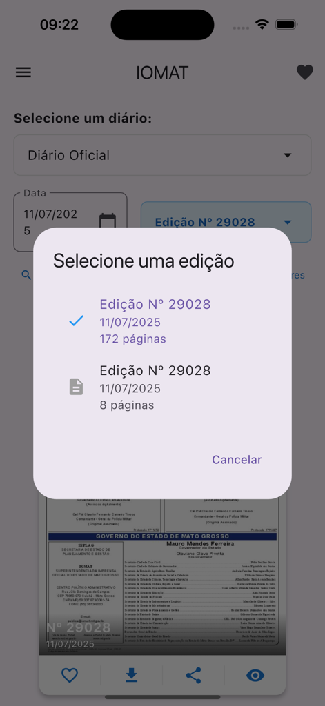 IOMAT - IOMAT app popup menu for selecting an edition of the Mato Grosso Official Gazette
