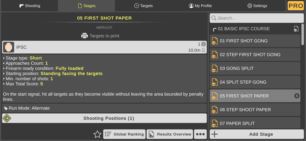 Interface of iShooter Mobile showing IPSC shooting stage instructions and training course list