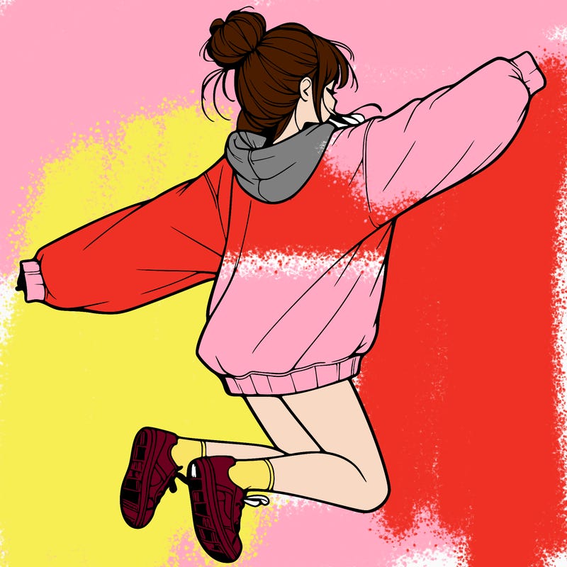 realistic girl jumping with a bun and oversized sweatshirt